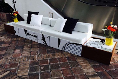 Branded Basic Benches and Walnut Box Tables for pop art event at Westin Diplomat