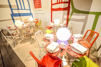 Portable LED lamps provided a pop of color in Design Within Reach’s environment, while four styles of Emeco chairs, available exclusively at the furniture retailer, stood at each of the four circular tables. As an added touch, each table setting featured a one-sheet educating its occupant on the history of his or her seat.