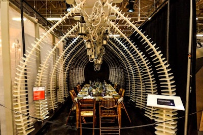 Jes Gordon’s design for the Fashion Institute of Technology was inspired by Pinocchio and the idea of being stranded inside the belly of a whale. As such, guests were seated within a scale reproduction of the upper half of a whale vertebrae.