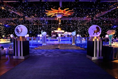 The celestial look for the Academy of Television Arts & Sciences' Emmy Governors Ball in 2010 borrowed from the night sky. Starry decor transformed the West Hall of the Los Angeles Convention Center for about 3,600 guests. Sequoia Productions, headed by Cheryl Cecchetto, produced the ball, where astrological signs inspired some of the decor elements.