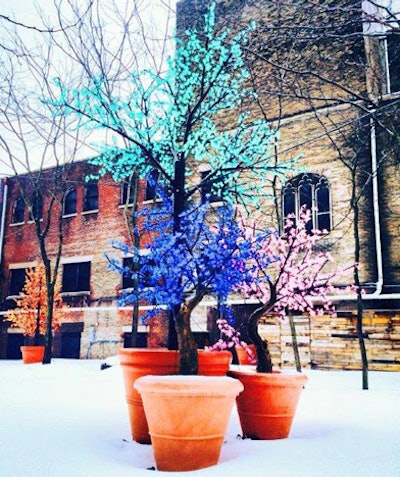 Brightly colored floral decor outside the beer garden promoted the show and served as a visual contrast to the snow-covered ground.