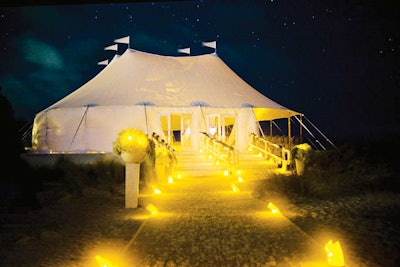 The Tidewater Sailcloth Tent from Aztec Tent is a highly translucent pole tent built with a catenary-accented perimeter and starburst design eave and peak reinforcements to give it a unique shape. The Tidewater ranges from 20 by 17 feet to 59 by 159 feet; depending on the configuration, it can hold as many as 700 people. It is available for rent in the United States from Tidewater Tents or for purchase from Aztec Tents. Prices are available upon request.