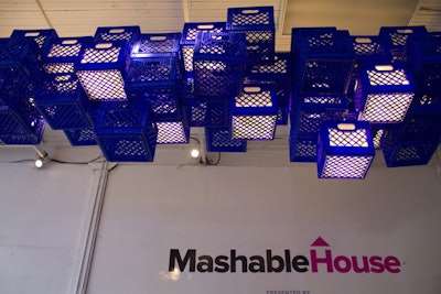 At the entrance of the Mashable House was a large lighting fixture built out of blue milk crates.
