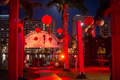 Red columns and Chinese lanterns lined the entrance to the gala.