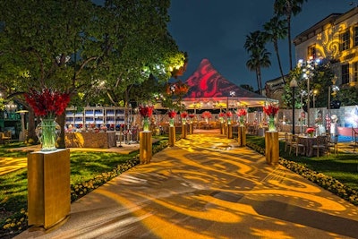 After a screening of the show's third-season premiere, guests headed to an alfresco party at Paramount Studios. The path was lit with brightly colored lights in paisley patterns. The event took place in a 66-foot round tent that was placed over a fountain outside the Paramount Theater.