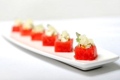 Compressed watermelon with a feta-red-onion relish and mint granita, by Tasty Catering in Chicago