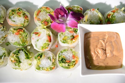 The hotel served an entirely vegan menu, including passed appetizers such as veggie spring rolls in rice paper with a peanut sauce.