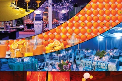 From top: To keep up the energy at its annual powwow for industry pros, John Paul Mitchell Systems—with help from Stoelt Productions—set up an attention-getting yellow space to introduce its new men’s brand, Mitch, in 2011; the 2012 Breeders’ Cup kicked off at a purple-hued Halloween-night reception with a mysterious masquerade theme; a wall of oranges served as the backdrop to the juice bar at the J.C. Penney launch of the Joe Fresh Kids Collection, injecting the brand’s fun signature color into Times Square last summer; event designer André Wells mixed blues and teals for a classic look at the BET Honors dinner in 2010; JesGordon/ProperFun used the color of LOVE—which is also the host brand’s logo color—at Purina Chef Michael’s “Be My Valentine” Doggie Dinner Party in 2010.