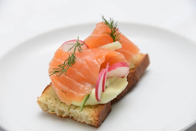 Crostini Gravlax, cucumber, radish, cucumber yogurt, dill.