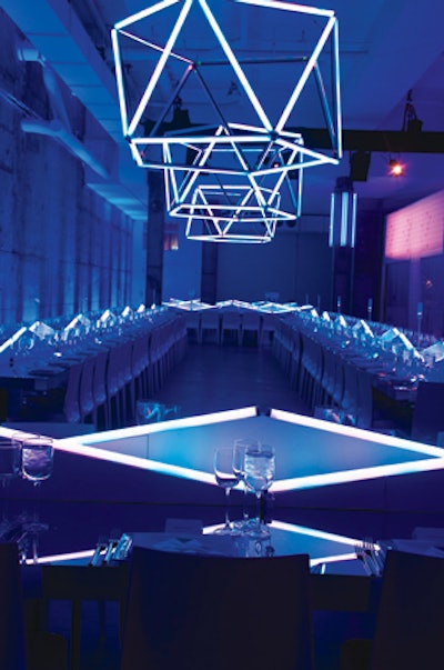 Another bar mitzvah designed by David Stark Design and Production featured LED light installations on the dinner tables as well as suspended overhead. “Instead of using LED to illuminate your decor, the lights themselves become the decor,” Stark says.