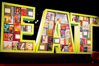 A bar mitzvah designed by New York-based David Stark Design and Production had custom super-size signs, like an “Eat” sign made out of favorite books.
