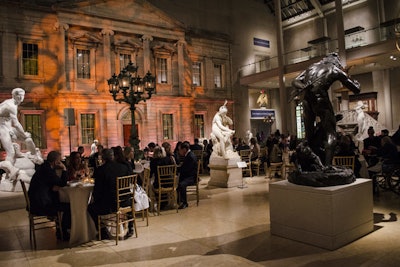No food or drink was allowed within three feet of the statues in the American Wing's Charles Engelhard Court. The dinner buffet featured dim sum, miso-glazed black cod, marinated filet of beef, and a variety of salads.