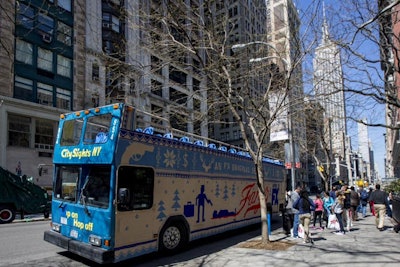 More than a week before Fargo's premiere, FX's sweater-clad double-decker bus toured New York City.