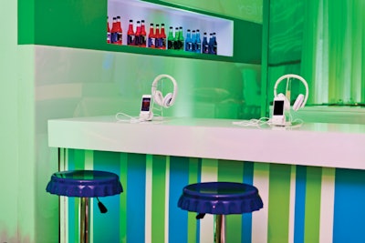 A futuristic bat mitzvah designed by Washington, D.C.-based Terri Bergman of Terri Bergman Events featured a custom soda bar fabricated by Chicka Event Production with built-in iPod listening stations.