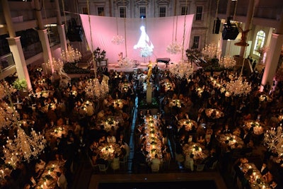 Dessert and a special performance by Frank Ocean also took place in the Charles Engelhard Court. Highlights of dinner included an appetizer of lobster and lobster mousse with American caviar and lemon mousseline; entrée of vol-au-vent with poached chicken, quenelles, morels, and black truffles in a champagne sauce; and, for dessert, baked Alaska with passion fruit and cassis sorbet.