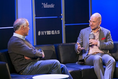 New York Times columnist David Brooks (pictured, left) interviewed Andrew McAfee, co-author of The Second Machine Age, at the New York Ideas conference.
