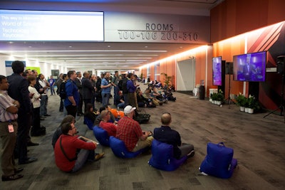 Attendees reclined in beanbag gaming chairs in the halls of the Moscone Center to watch keynotes, do work, and take breaks. Organizers said they chose this style chair as an 'edgier but still functional' alternative to traditional beanbags.