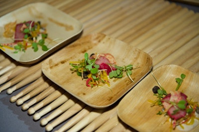 Dante Boccuzzi of Dante in Cleveland, Ohio, served beet-tinted hamachi with lemon caper remoulade on top of a drumstick-lined table.