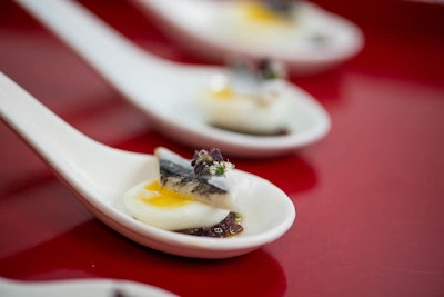 Two minute quail egg, white anchovy, olive tapenade, rye