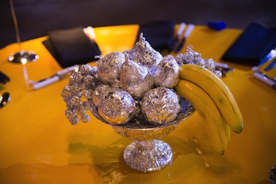 Rather than flowers for the American Art Award gala's tabletop centerpieces, Wendt recreated one of Lichtenstein's paintings. The sculptural pieces included fruit and bowls covered in tin foil.