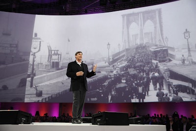 AOL chairman and C.E.O. Tim Armstrong made a point to address the location and used the Brooklyn Bridge as a metaphor for how the media company is the connector between digital and televised content.