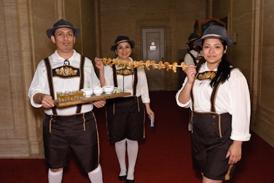 Calihan Catering provided Bavarian-style snacks. On the menu: pretzel twists with violet mustard, bacon-wrapped veal bratwurst, and sweet potato cakes with braised quail and fresh rosemary.