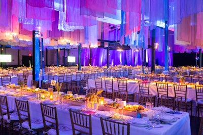 More than 1,000 linen panels hung from the ceiling in the dining room. Van Wyck's team dip-dyed them by hand in a dozen inflatable children's pools.