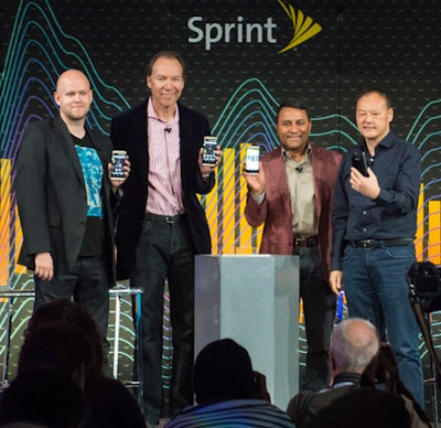 A central stage was used for the main presentation, with Spotify C.E.O. Daniel Ek, Sprint C.E.O. Dan Hesse, Harman Kardon C.E.O. Dinesh C. Paliwal, and HTC C.E.O. Peter Chou discussing the partnerships. In addition to the new smartphone, Sprint is offering access to Spotify's online catalog through a national entertainment platform dubbed Sprint Sound Sessions.
