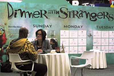 The Exhibitor Show's 'Dinner With Strangers” program offered people attending the show solo a chance to maximize meal time for networking, instead of dining in their hotel rooms alone. Attendees could join group reservations arranged by organizers at multiple restaurants for each night of the show. Sign-up sheets in the conference registration area detailed the eatery's name, type of cuisine, approximate cost, and reservation time.