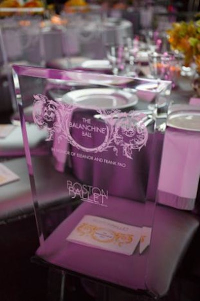 For the Boston Ballet’s Balanchine Ball last year, Be Our Guest worked with Seaport Graphics to create custom chair decals for the clear surfaces, a striking decor element that also served as a surprise acknowledgment of the evening's honorees, Eleanor and Frank Pao.