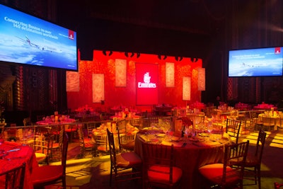 The stage had three sets throughout the evening. The first set had the red and white hues found in the Emirates airline logo.