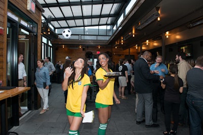 Ardbeg hosted a World Cup-theme Scotch tasting May 29 at the Jack Rose Dining Saloon in Washington. Staff wore soccer uniforms in Brazil's colors of green and yellow and eye black athletic tape with the Ardbeg logo. Will Milligan Events planned the gathering, which also included foosball and one-on-one soccer match-ups with mini nets and goals.