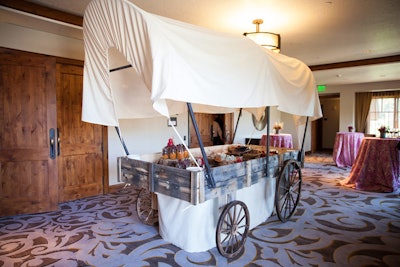 Guests noshed on fare from the Ritz-Carlton, Bachelor Gulch, including local cheeses and charcuterie, assorted jerky, fruit-infused waters, and an assortment of dips and fresh vegetables. The snacks were presented in covered wagons created by DesignWorks.