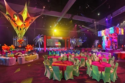 The official after-party for the Grammys in 2012 had a Rio Carnival theme, which the academy produced with Along Came Mary. The event's decor was rendered in bright colors and included buffet centerpieces inspired by the elaborate headdresses of Carnival dancers.