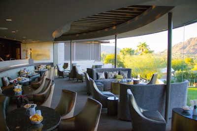 For an event with a view, Sanctuary on Camelback Mountain hotel expanded its Jade Bar into an indoor-outdoor space with floor-to-ceiling windows and a bar made of actual jade. The renovation doubled the seating space to 61 seats indoors and another 40 on the patio. For outdoor events, design elements include a retractable fabric shade, heaters, and a fireplace.