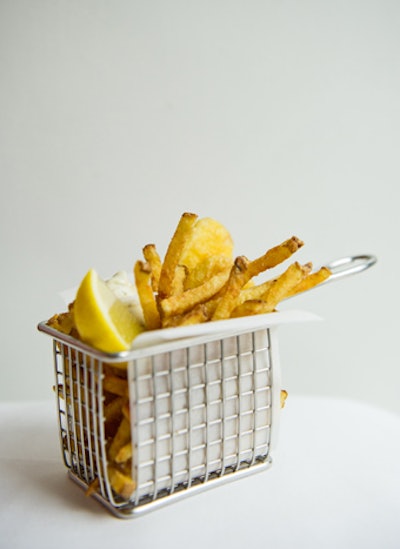 Battered Pacific halibut with tartar dipping sauce and Yukon gold fries, by L-Eat Catering in Toronto