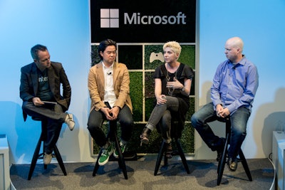 The producers also built a wall of greenery designed in imitation of the live tiles used by the Windows operating system. The piece served as a backdrop for the DJ booth and, earlier in the day, a scenic stage element for the panel discussion that took place.