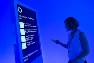 At each station in the 'outer circle' experience, guests could tap their R.F.I.D.-embedded badges and be shown Cortana's different capabilities. For instance, one displayed how the digital assistant can provide traffic updates based on a user's daily commute. The production team also worked carefully to mix in elements from the pre-event quiz at each station, illuminating the walls blue, if, for example, attendees had chosen that specific color in response to the question about their aura.