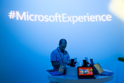 A variety of Microsoft's mobile devices were on display inside the reception space, including Surface tablets and laptops and smartphones that use the Windows operating system. The producers projected branding and the hashtag onto the inner walls.