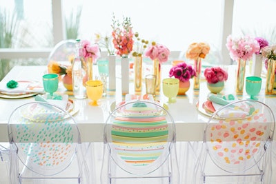 For the Oh Joy for Target launch party at a private residence in Beverly Hills earlier this year, Caravents turned patterns from the entertaining and party product collection into vinyl appliqués. The team applied them to the backs of ghost chairs to add on-brand pops of color to the event.