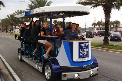 Try a unique teambuilding activity with Limo Cycle Tours, which offers ghost tours, history tours, and pub crawls in downtown Sanford, Florida. The company has two 15-passenger, pedal-powered vehicles. Both have padded seats with backs, personal fans that can spray cool mist, a six-speaker sound system, and two 60-quart coolers for drinks and snacks. Pricing starts at $175 per hour with a minimum two-hour rental.