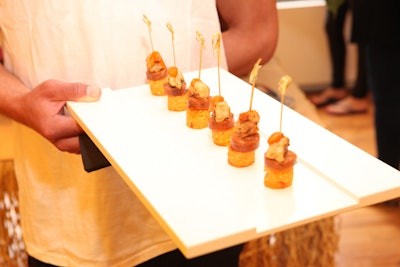 Hors d'oeuvres from KG Fare Catering & Events at Havaianas 2013 Press Preview included paella on a stick.