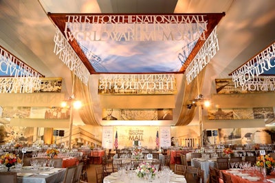 The names of the monuments on the National Mall as well as significant events held there were rendered in oversize letters and suspended from the tent ceiling. Design Foundry created the pieces.
