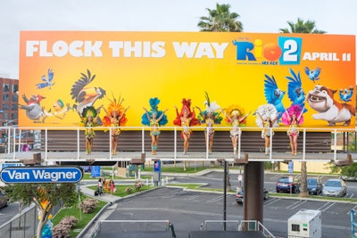To promote the 20th Century Fox film Rio 2 earlier this year, NVE: The Experience Agency brought a billboard to life in Los Angeles. The stunt involved 15 samba dancers in full costume perched on a catwalk in front of the billboard, as well as more dancers below. A live parrot, macaw, and cockatoo added to the scene.