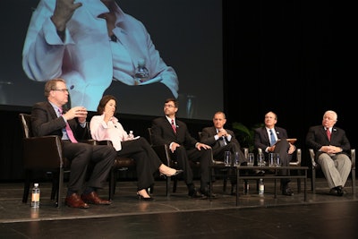 'Meetings Mean Business' panel members at A.I.B.T.M. were (left to right) Paul Van Deventer of Meeting Professionals International; Deborah Sexton of Professional Convention Management Association; Kevin Hinton of Site Global; John Graham of the American Society of Association Executives; David DuBois of the International Association of Events and Exhibitions; and Roger Dow of the U.S. Travel Association.