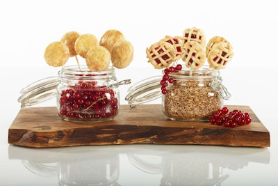 Bite-size cherry and apple pies with latticework crusts, served on lollipop sticks, by Santa Barbara Catering in Tempe, Arizona