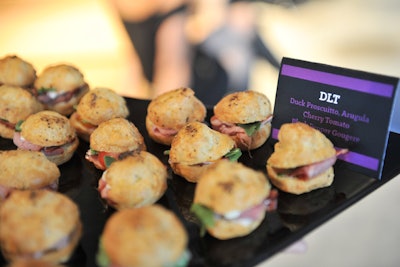 Passed appetizers included miniature duck sandwiches with lettuce and tomato; the snack was dubbed 'D.L.T.'