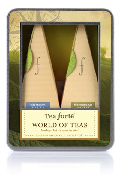 The small tin sampler, $5.50, from Tea Forté contains two silken tea infusers and comes in five different blend collections, including coconut and white tea. Orders can be shipped throughout the United States and Canada.