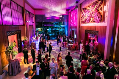 The main element in the grand foyer was a flower panel that mirrored the crisscross pattern in the room's chandelier.