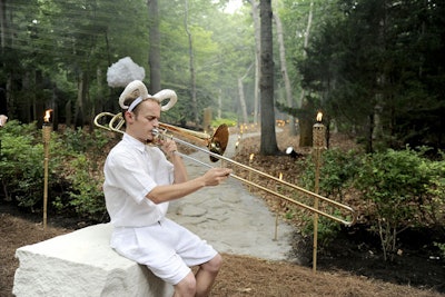 At the entrance to the Watermill Center, guests found Matt Petty's 'Eternal Song of the Horned Deity' installation. The horned figure playing the horn referenced a number of tales that feature humans that transform into horned animals.